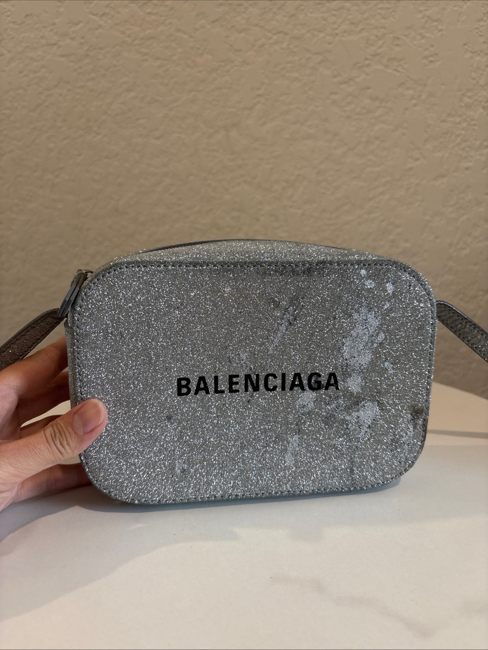 Balenciaga Glitter Silver Leather Crossbody Camera Bag